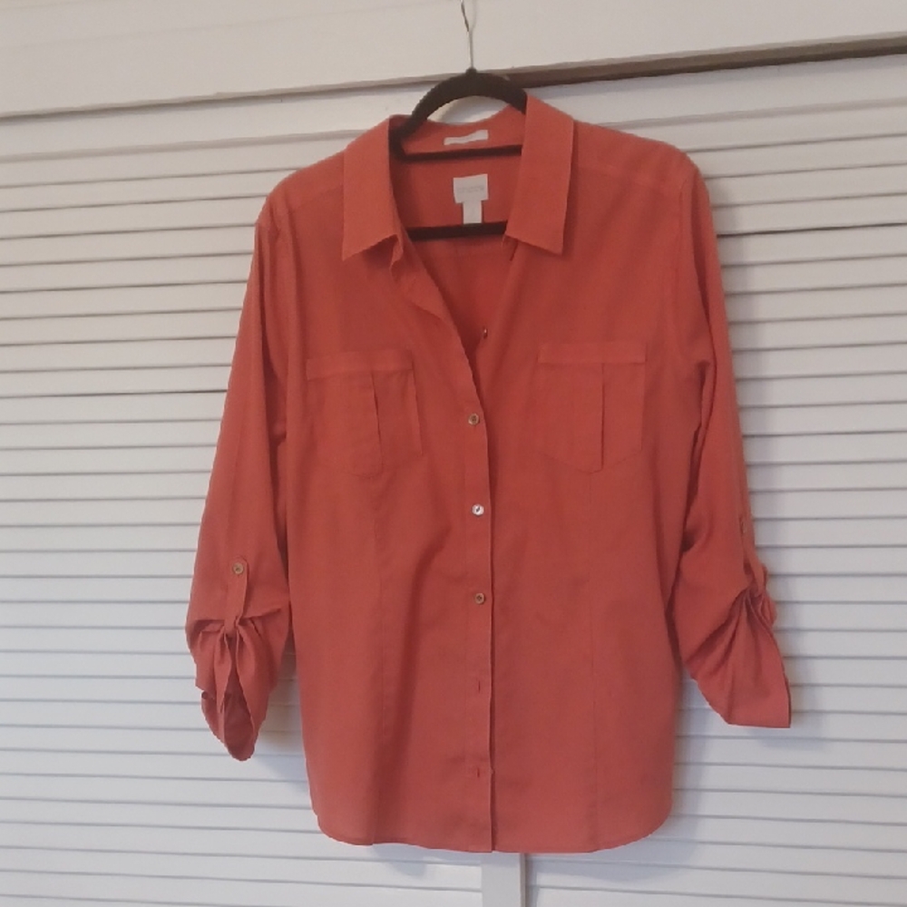 Chicos Women's Button-Front Orange Shirt - Casual Collared Top LS